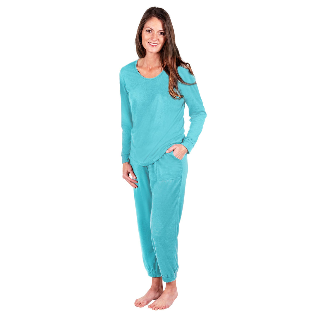 Womens Pajama Set 95% Cotton 5% Spandex Long Sleeve Sleepwear Top & Pants 2  Piece Pj's Set Turquoise XS - 2XL
